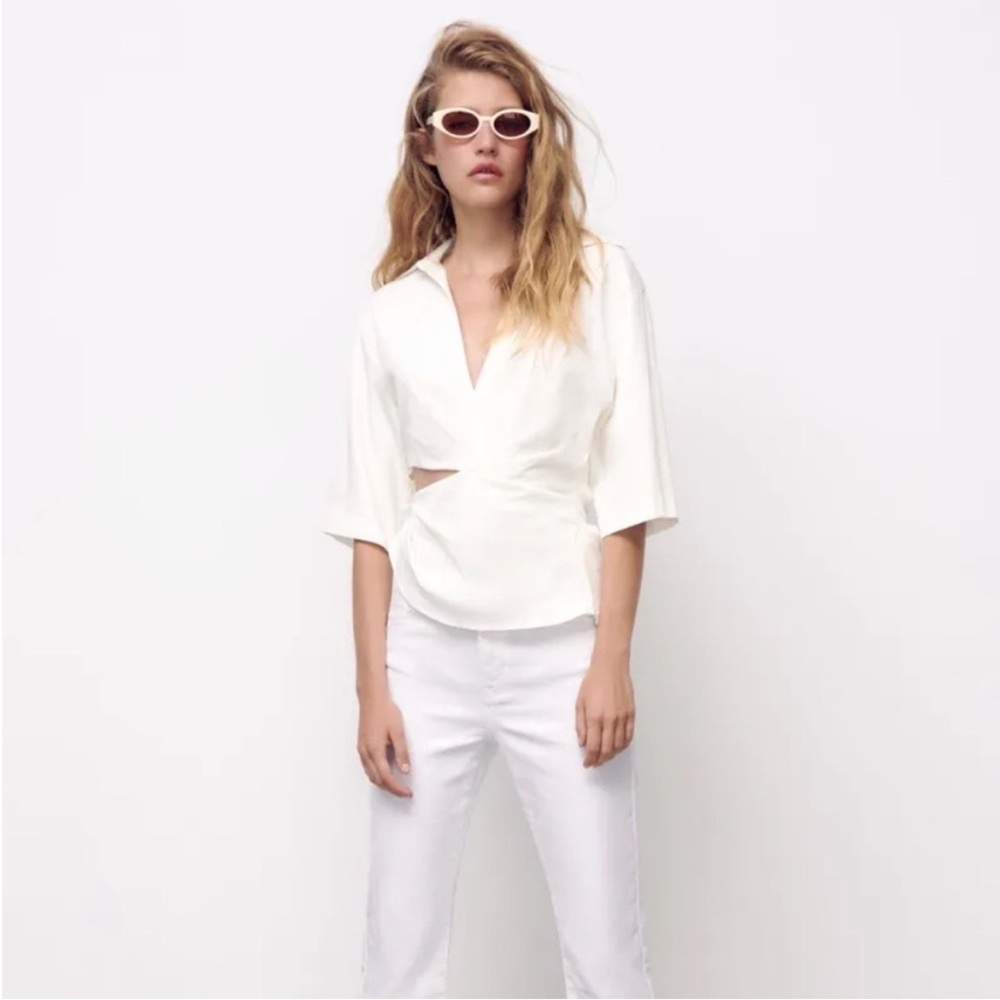 ZARA White Cut Out Collared Short Sleeve Linen Blend Top Size XS